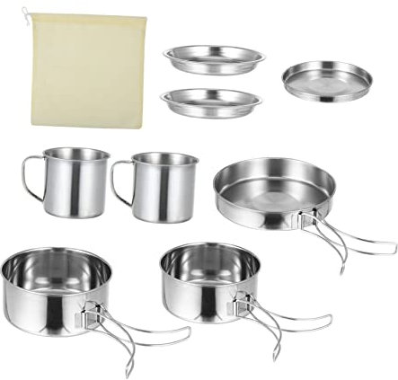 Sosoport Camping Cookware Set 8pcs Stainless Steel Backpacking Cooking Kit with Foldable Pots and Bbq Bowls for 5-6 People Outdoor Hiking and Camping Gear