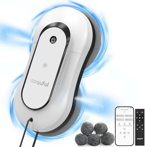 AOQUFUL Robot Intelligente per la Pulizia delle Finestre - Pulitore Elettrico con Doppio Spruzzo d'Acqua, Controllo Remoto e App, Adatto per Vetri Interni ed Esterni, Include 12 Panni, Bianco