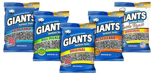 GIANTS Sunflower Seeds Variety Pack - Flavored Sunflower Seeds to Eat in Bulk, Dill Pickle, Bacon Ranch, Kettle Roast Sweet & Salty, Original, BBQ, High Protein Snack - 5 oz Bags (5 Pack)