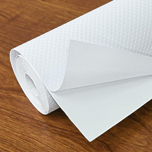 Hersvin 35cmx500cm Tapis Fond de Tiroir Adhésif Antiderapant, Tapis de Refrigerateur Placard Etagere Frigo, EVA Plastique Protection pour Meuble, sous Evier Cuisine (Blanc, Adhésif)