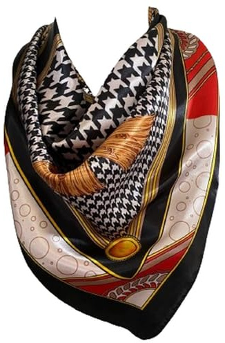 Damen Hahnentrittmuster Seidentuch Satin Groß Quadratisch Bandana Hals Haar Schal Strand Bandanas Kopftücher Halstuch (Schwarz)