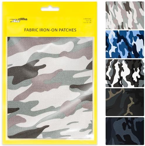 ZEFFFKA Parches de Tela Camuflados para Planchar Kit de Reparación Estilo Militar Adhesivo Resistente 100% Algodón 5 Piezas Tamaño 13 x 18 cm