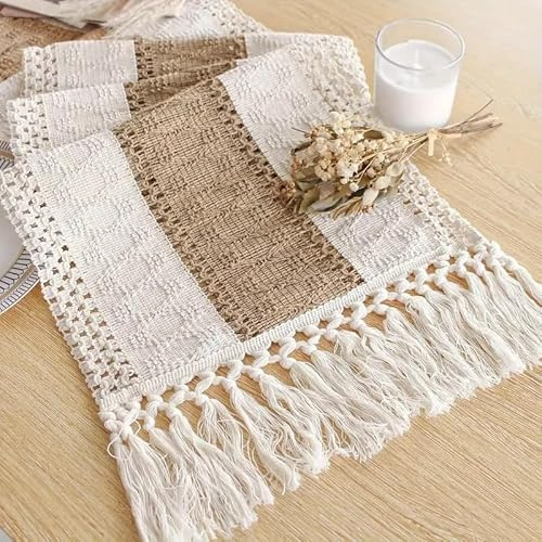 WUMEIJIAJU Boho-Makramee-Tischläufer, Baumwoll-Leinen-Tischläufer mit Quasten, Bauernhaus, gewebter Tischdekoration für Hochzeit, Party, Esszimmer, Heimdekoration, Mittelbraun, 30 x 228 cm
