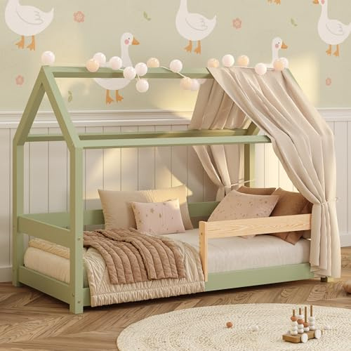 smartwood Hausbett 90x200 cm mit Rausfallschutz, Massivholz, Grün, Milo | Montessori Kinderbett, Einstiegshöhe 12cm, Lattenrost belastbar bis 230kg, Kiefernholz, Einfache Montage, ab 3 Jahren
