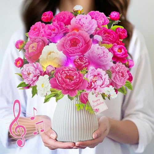 WUJUN Birthday Cards, Mothers Day Cards with Music & Lights, Pop Up Happy Birthday Cards, Pink Peony, 10 Inch Life Sized Forever Flower Bouquet Greeting Card for Women Mom Wife Daughter