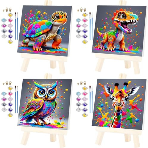 Qiukoo 4 unidades de pintura por números para niños a partir de 6 – 10 – Pintar por números, animales 30 x 30 cm – Pintar dinosaurio infantil, jirafa, tortuga, búho – niñas 6-10 años Ideas de regalo