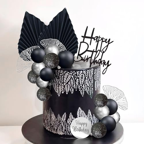 Black Silver Boho Leaf Cake Topper Birthday Wedding Anniversary Decorations | Black Silver Boho Cake Decor, Happy Birthday Topper, Palm Ginkgo Leaf Ornament, Wedding Anniversary Party Cake Supplies