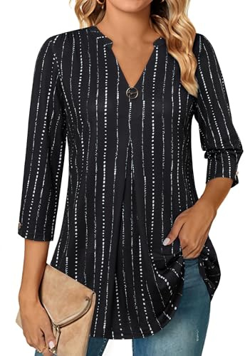 Gaharu Tunique pour femme à manches 3/4 élégante avec col en V, chemise décontractée, haut flowy, long t-shirt, Rayé noir, L