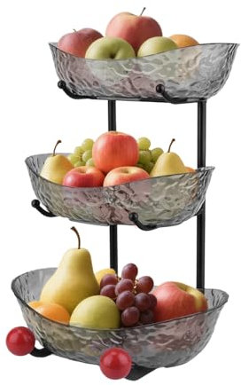 Asaiy Soporte para cesta de frutas, soporte de plástico de 3 niveles, juego de cuencos de frutas ovalados con soporte de metal para cocina, verduras, aperitivos, dulces (gris antracita)