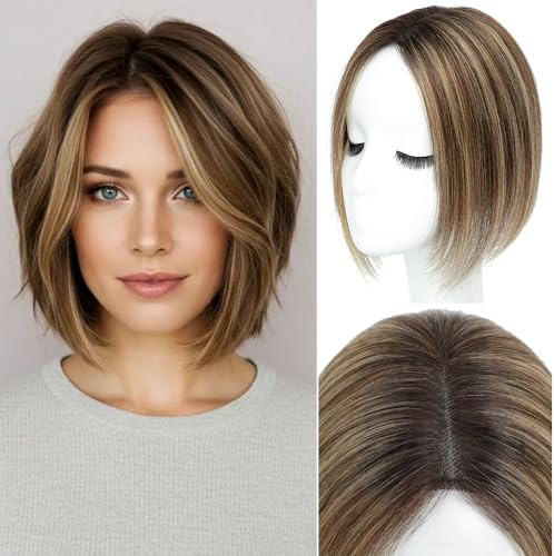 Lagomance 4T427 Haar-Topper mit dünner werdendem Haar, 100 % Echthaar, 25,4 cm, Mittelbraun-Mix Blond mit Dunkelbraun, 120 % Dichte, Top-Toppee für dünner werdendes Haar