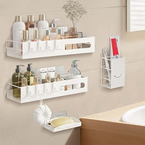 4 Stück Duschablage ohne Bohren,Rostfrei Duschkorb Selbstklebend mit Seifenschale Zahnbürstenhalter und 8 Haken,Badezimmer Regal Duschregal,Dusch Organizer Badregal für Badezimmer Küche (Weiß)