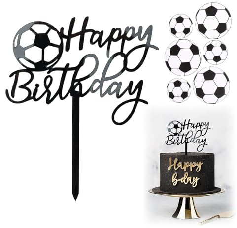 Tortendeko Fussball, 1 + 6-teiliges Kuchendekorations-Set aus Acryl, Fußball-Thema, Cake Topper, Happy Birthday, Dekoration, Torte, Fußball, Kinder, Jungen, Party, Sport und Babyparty