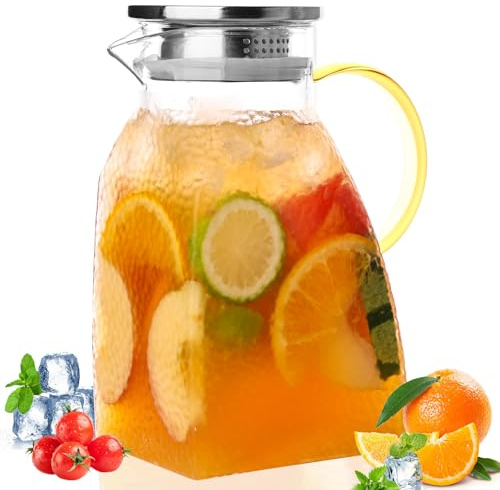 Glass Pitcher with Lid and Handle, Water Pitcher for Fridge, Ice Tea Carafe for Cold Brew, Drinks, Lemonade, Juice, Coffee, Beverage, Fruit, 1.4 Liters 47oz, Clear, Borosilicate