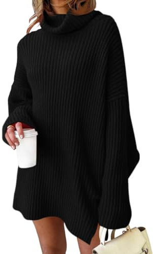 Fisoew Damen Rollkragen Strickpullover Langarm Sweater Lang Pullover Oversized Pulloverkleid,Schwarz,M