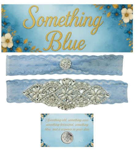 Something Blue Lace Garter - Rhinestone Pearl Set with Toss Garter – with Sixpence Coin Keepsake Liga Para La Boda