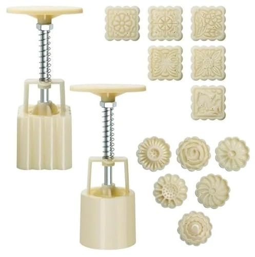 Mid-Autumn Mooncake Molds Set (12-Pack) - 50g Moon Cake Press with Floral & Geometric Patterns - Dual-Purpose DIY Cookie Stamp & Bath Bomb Mold Kit - 6 Round + 6 Square Food-Grade Tools (White)