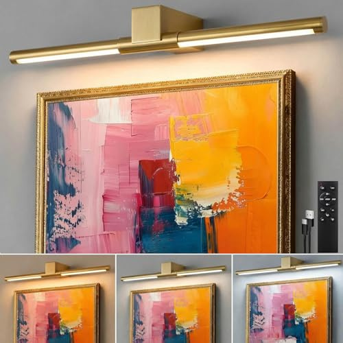 Picture Lights for Wall Battery Operated, Rechargeable Wireless Lights for Pictures on Wall with 3 Color Dimmable Remote for Painting Gallery Dartboard Poster Bedroom Frame Art Decor - Gold 24 inch
