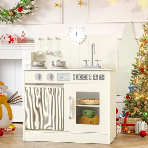 MAMIZO Wooden Play Kitchen for Kids, Toy Kitchen, Interactive Kids Kitchen | Ample Storage, 5 Pcs Cookware, Simulated Gas Cooker, Clicking Knobs, Faucet, Educational Clock for Ages 3+ (Cream)