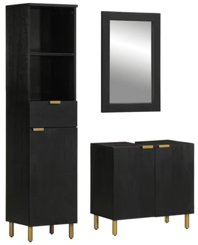 QZZCED Juego de Muebles de Baño 3 Piezas en Madera Contrachapada Negro, Estable y Duradero con Amplio Espacio de Almacenamiento, Espejo de Tocador y Puerta Flexible para Instalación