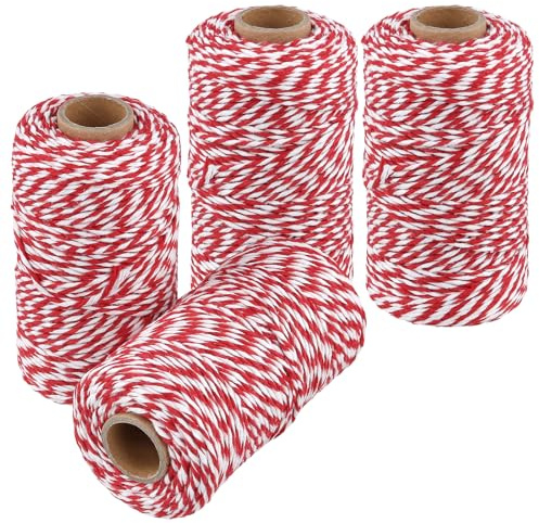 JOIKIT 4 Rolls 100m/328ft Cotton Twine, 2mm Red and White Wrapping Twine for Trussing Baking Kitchen Use