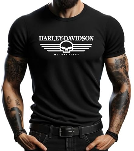 Genérico Camiseta Negra Harley con Logotipo de Calavera Hombre Moto Biker