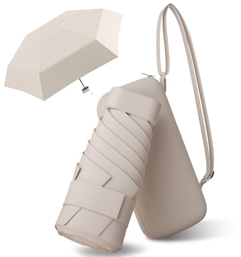 FWHFNB Taschenschirm, 6 Rippen Mini Regenschirm, UV-Regenschirm, Tragbarer Reiseschirm mit Kapselhülle, für Männer und Frauen (Beige)
