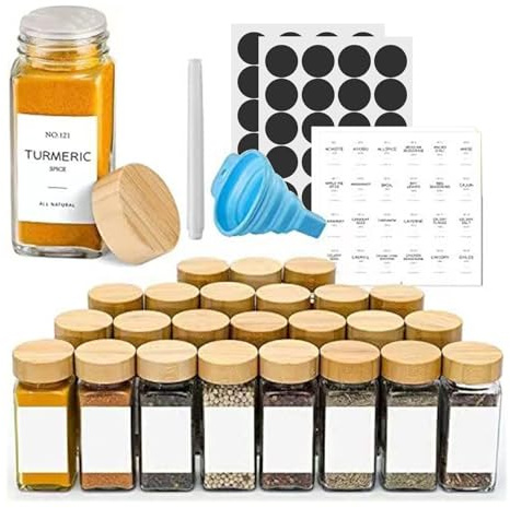 diceevil 36pcs 120ml Clear Glass Spice Bottles with Shaker Lids and Labels jars, Storage Jars with Bamboo Lids, Minimalist Waterproof Spice Jar Labels, Airtight Kitchen Containers (Bamboo)