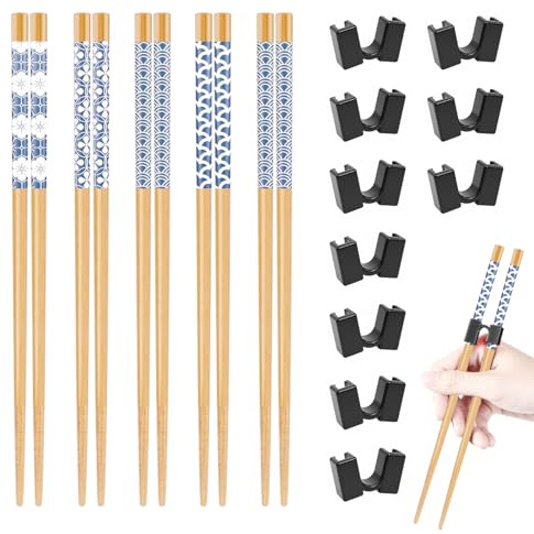 Chopsticks Reusable, 5 Pairs Wooden Chopstick Trainers for Adults & Kids | 5 pairs reusable chopsticks, wooden body, 10 helper aids, beginners, adults & kids, sushi noodles rice