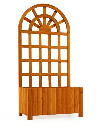 FANTASK Pflanzkübel mit Rankgitter, 61 x 30 x 121 cm, Blumenkasten mit Spalier & Entwässerung, Hochbeet für Kletterpflanzen, Gartenspalier Holz, Pflanzgefäß für Garten Balkon Sichtschutz (Braun)