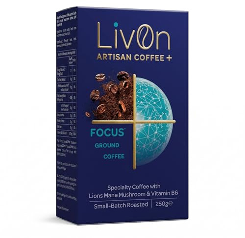 LivOn Focus Ground Coffee 250g – Specialty Coffee with Lion's Mane Mushroom & Vitamin B6 | 100% Arabica | Medium Roast | Small-Batch Roasted in Edinburgh | Suitable for Cafetière & Filter