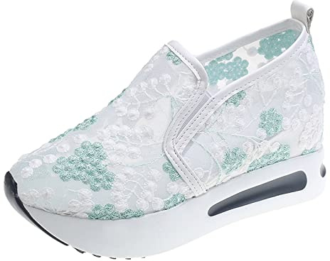 Baskets à paillettes pour femme, talon compensé, fleurs, à enfiler, pour course à pied, été, vert, 39 EU