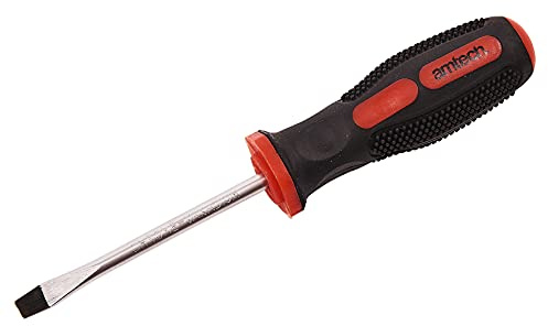 Amtech 5 mm Slotted 7.5 cm Screwdriver, Chrome Vanadium Steel with Magnetised Tip and Soft-Grip Handle for Tight-Space DIY & Professional Use