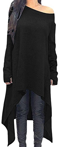 ZANZEA Vestido de Punto asimétrico de Manga Larga Suelta de Invierno Casual Sexy para Mujer Talla Grande 01-Negro 2XL