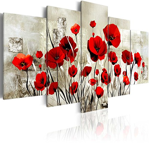 B&D XXL Acrylglasbild Abstrakt 200x100 cm 5 Teilig Wandbild auf Acryl Glasbilder Kunstdruck Moderne Acrylglas Platte Wanddekoration Geschenke Heimdekoration Glasbild Mohnblumen beige rot wie gemalt