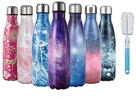 HGDGears Water Bottle 17oz/500ml, Double Wall Vacuum Stainless Steel Insulated Travel Mug Leakproof Sports Drinks Bottle（Purple Starry）