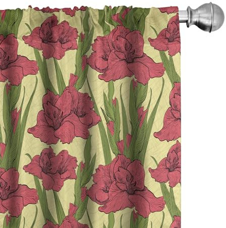 ABAKUHAUS Blume Vorhänge, Gardinen, Gladiolen Muster, Fensterbehandlungen für Wohnzimmer Schlafzimmer Dekor, 2 Stück 75 cm b x 225 cm h, Gelbe Koralle und Grün