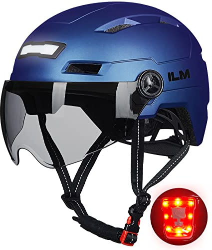 ILM Fahrradhelm für Erwachsene mit wiederaufladbarem USB-LED-Vorder- und Rücklicht, Mountain- und Rennradhelm für Männer und Frauen, abnehmbare Brille, Fahrradhelm für Pendler, lila, klein/mittel