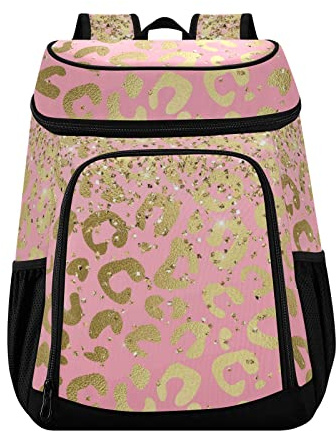 Golden Glitter Leopard Pink Kühlrucksack Wiederverwendbar Große Kapazität Isolierte Rucksack Kühltasche für Picknick Wandern Camping Angeln