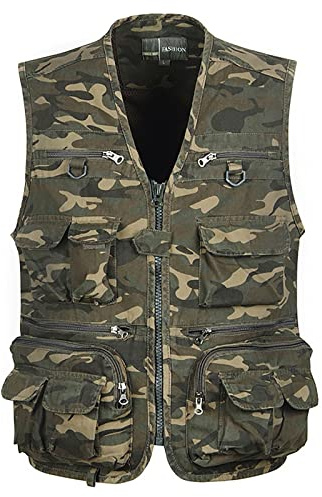 Mire Uomini Gilet da Pesca Multitasche Cotone Panciotto Gilet Fotografico per Escursionismo da Viaggio Senza Maniche(Size:5XL,Color:Mimetico)