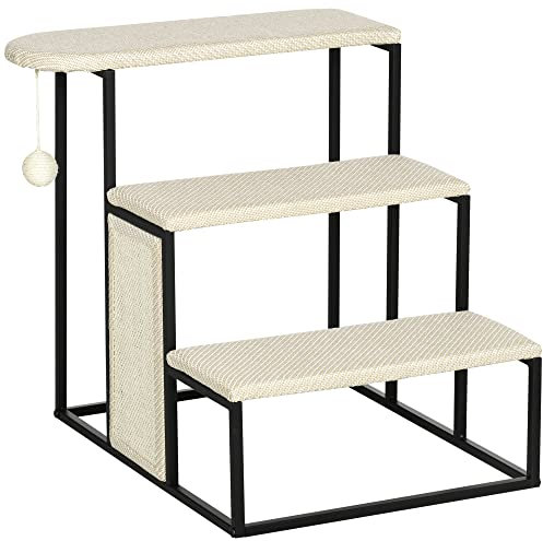 PawHut Hundetreppe 3 Stufen 53 cm Hoch Haustiertreppe für Katzen bis zu 6 kg Katzentreppe Hunderampe Einstiegshilfe für Bett, Sofa, Couch und Auto Cremeweiß+Schwarz