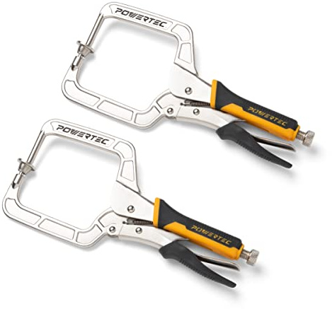 POWERTEC Pocket Hole Clamp, Quick Release 12” Right Angle Clamp for Pocket Hole Joinery, Vise Grip Clamps w/Ergonomic Grip & Swivel Pad, Clamps for Woodworking, DIY, Drawer Making - 2PCs (71744)