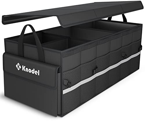 K KNODEL Car Boot Organiser with Foldable Cover, Car Storage Box and Bag, Large Boot Tidy with 3 Compartments, Car Organiser for Vehicle and Suv (Large, Black)