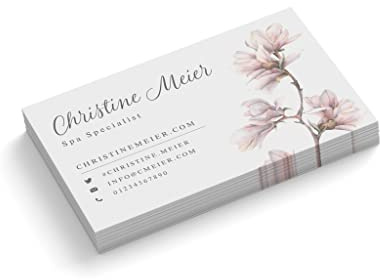Visitenkarten gestalten | Spa Specialist | 1-seitig | Querformat | Menge + Farbe + Papier zur Auswahl | selbst personalisieren | hochwertig | 350 g | Magnolie | Blume (Weiß, 100 Stück)