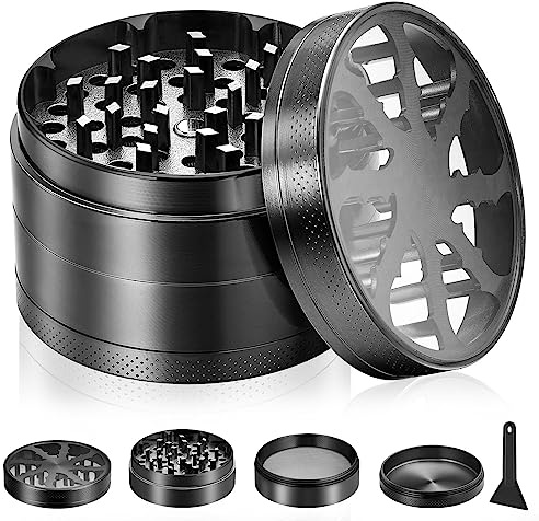 Anpro Kräutermühle aus hochwertiger Zinklegierung – tragbare 4-lagige Kräutermühle mit transparenter magnetischer Oberabdeckung, Maschensieb, Pollenschaber – Schwarz, 63 mm/2,5 Zoll