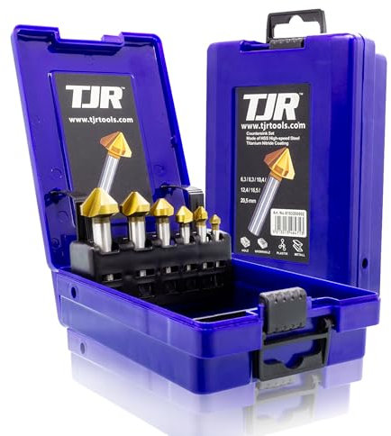 TJR® Senker 90° Durchmesser 6,3-20,5 mm aus HSS-Stahl mit TiN-Beschichtung - Wirklich scharf - Senk- und Entgratungssatz für Holz, Metall und Kunststoff in praktischer Aufbewahrungsbox