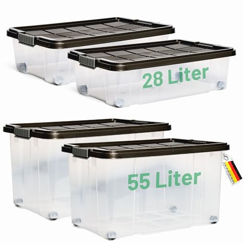 Novaliv 4 tlg Sparset Aufbewahrungsbox mit Deckel Anthrazit 2x 55 L + 2x 28 L Nestbar stapelbar Clipverschluss Rollboxen BPA-frei