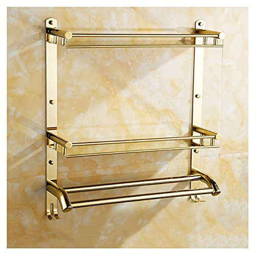 Etagères Murales Tablette De La Salle De Bain Forage Mural De Douche De Cuivre Mural 2 Niveaux De Rangement De Caddie Avec Porte-serviettes Ajustable Porte-serviettes Barre D'or Doré étagère de douche