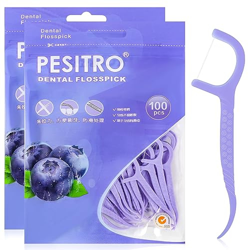 200 Pcs Dental Floss, Floss Sticks Dental, 2 in 1 Toothpick, Floss Picks | 7.5CM, Anti-Slip Handle, Strong Floss, Disposable, Portable, Curved Pick for Interdental Cleaning, Home, Travel Use -Purple