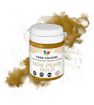 Food Colours Lebensmittelfarbpulver mit metallischem Effekt, essbarer Farbstoff NEW PEARL GOLD 20G – ideal für die Dekoration von Kuchen, Torten, Zuckerpasten, Keksen und Getränken.