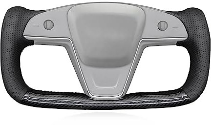 MEWANT Handgenähtes perforiertes PU-Leder + glänzende Kohlefaser Auto-Lenkradabdeckung für Tesla Yoke Model S Plaid 2021–2023 / Modell X 2021–2023 Lenkradzubehör für Tesla Yoke